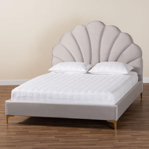 Baxton Studio Baxton Studio Acosta Glam Queen Platform Bed in Light Grey Velvet with Seashell Headboard Design CF9434-Light Grey-Queen