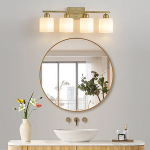 English Elm Gold 4-Light Modern Vanity Light Fixture - Elegant Wall Sconce With Frosted Glass Shades For Bathroom W2312P374856