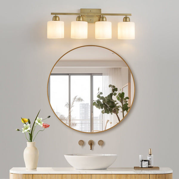 English Elm Gold 4-Light Modern Vanity Light Fixture - Elegant Wall Sconce With Frosted Glass Shades For Bathroom W2312P374856
