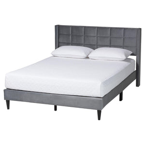 Baxton Studio Baxton Studio Payne Queen Bed in Grey Velvet & Dark Brown Wood - Modern Glam Design & Comfort CFSP0835-C-Grey-Queen