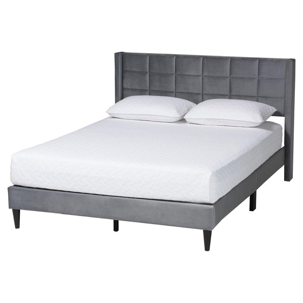 Baxton Studio Baxton Studio Payne Queen Bed in Grey Velvet & Dark Brown Wood - Modern Glam Design & Comfort CFSP0835-C-Grey-Queen