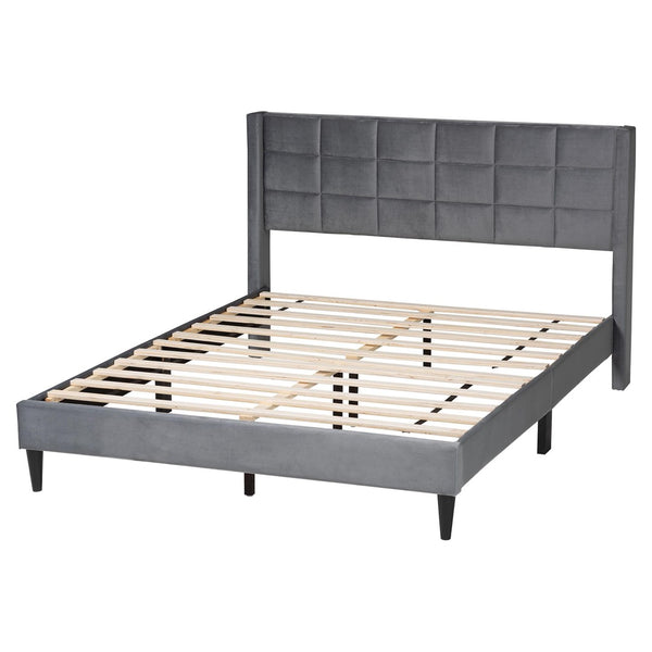 Baxton Studio Baxton Studio Payne Queen Bed in Grey Velvet & Dark Brown Wood - Modern Glam Design & Comfort CFSP0835-C-Grey-Queen