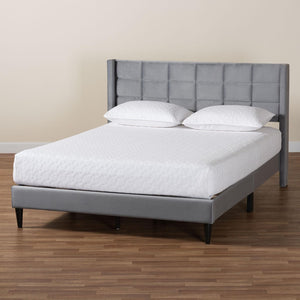 Baxton Studio Baxton Studio Payne Queen Bed in Grey Velvet & Dark Brown Wood - Modern Glam Design & Comfort CFSP0835-C-Grey-Queen