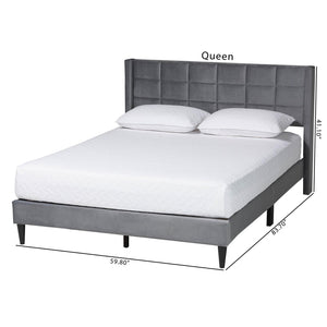 Baxton Studio Baxton Studio Payne Queen Bed in Grey Velvet & Dark Brown Wood - Modern Glam Design & Comfort CFSP0835-C-Grey-Queen