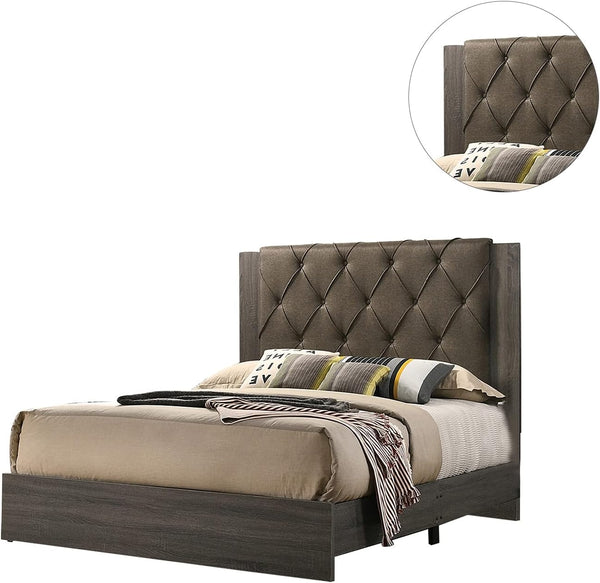 English Elm Contemporary California King Bed With Tufted Headboard & Rubberwood Frame In Soft Gray Finish B011P236788