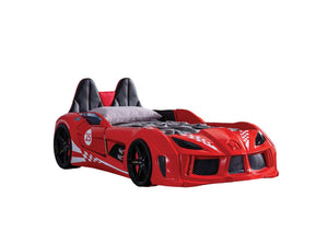 English Elm Modern Race Car Twin Bed with Led Lights Magnetic Doors and Leatherette Upholstery Red B2741S00911