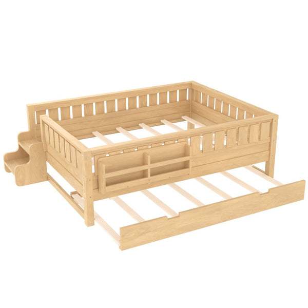 English Elm Twin Kids Platform Bed with Trundle Staircase Bookshelf and Rounded Safety Rails Light Natural W1580S00560