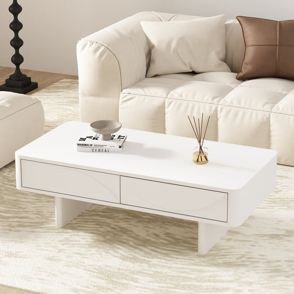 English Elm Ella 47" Coffee Table with Full-Extension Drawers, Open Shelf & Rounded Edges for Modern Living White B365S00062