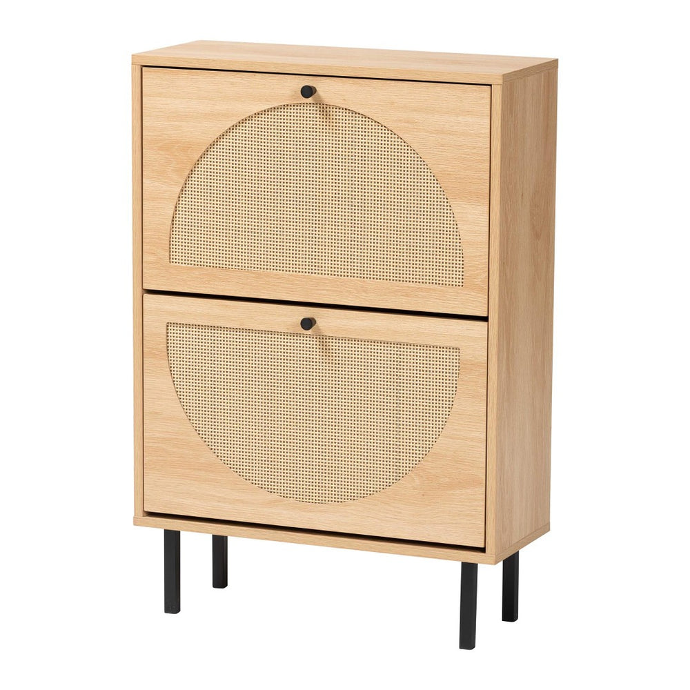Baxton Studio Baxton Studio Remus Wood Shoe Cabinet - Stylish 12-Pair Storage Organizer with Rattan Accents & Flip Doors LC231201-Tan-Shoe Cabinet