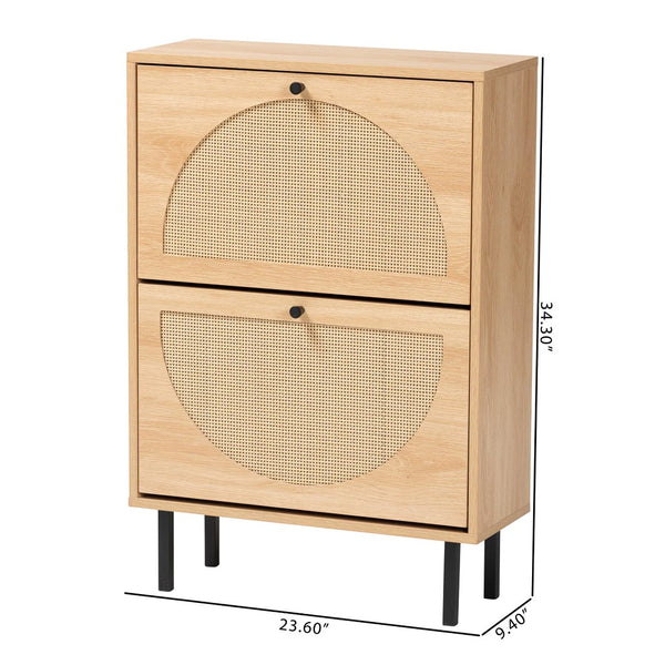 Baxton Studio Baxton Studio Remus Wood Shoe Cabinet - Stylish 12-Pair Storage Organizer with Rattan Accents & Flip Doors LC231201-Tan-Shoe Cabinet