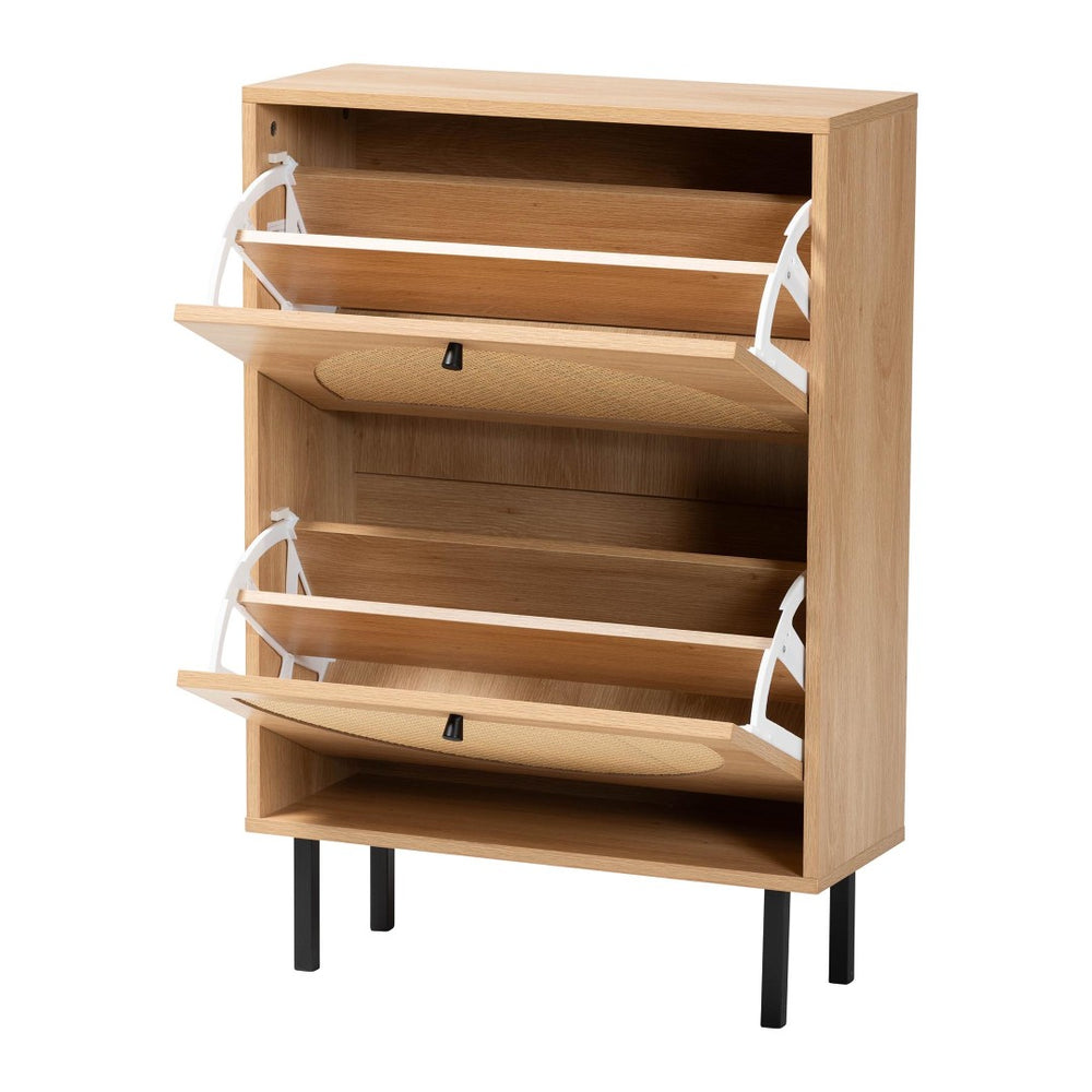 Baxton Studio Baxton Studio Remus Wood Shoe Cabinet - Stylish 12-Pair Storage Organizer with Rattan Accents & Flip Doors LC231201-Tan-Shoe Cabinet