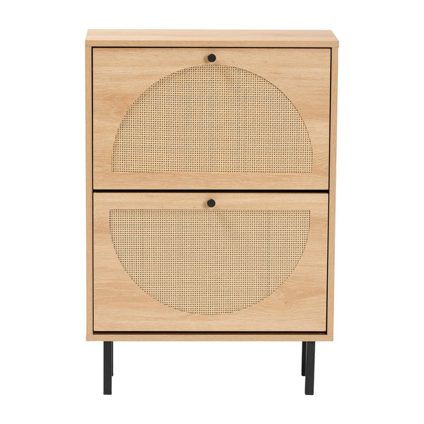 Baxton Studio Baxton Studio Remus Wood Shoe Cabinet - Stylish 12-Pair Storage Organizer with Rattan Accents & Flip Doors LC231201-Tan-Shoe Cabinet