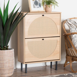 Baxton Studio Baxton Studio Remus Wood Shoe Cabinet - Stylish 12-Pair Storage Organizer with Rattan Accents & Flip Doors LC231201-Tan-Shoe Cabinet
