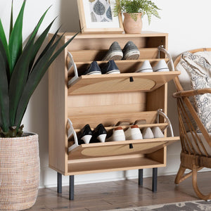 Baxton Studio Baxton Studio Remus Wood Shoe Cabinet - Stylish 12-Pair Storage Organizer with Rattan Accents & Flip Doors LC231201-Tan-Shoe Cabinet