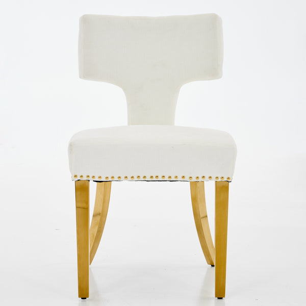 English Elm Mid Mid Century Modern Dining Chair Set with Curved Copper-Nail Backrest, High-Density Foam Seat, Brushed Stainless Legs Beige W1143P314902