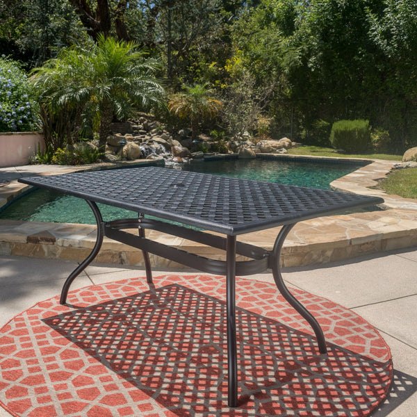 English Elm Christopher Knight Home® - CAYMAN Rectangle Table Black Cast Aluminum Outdoor Dining Table with Lattice Top, Umbrella Hole, Seats Six 56955.00