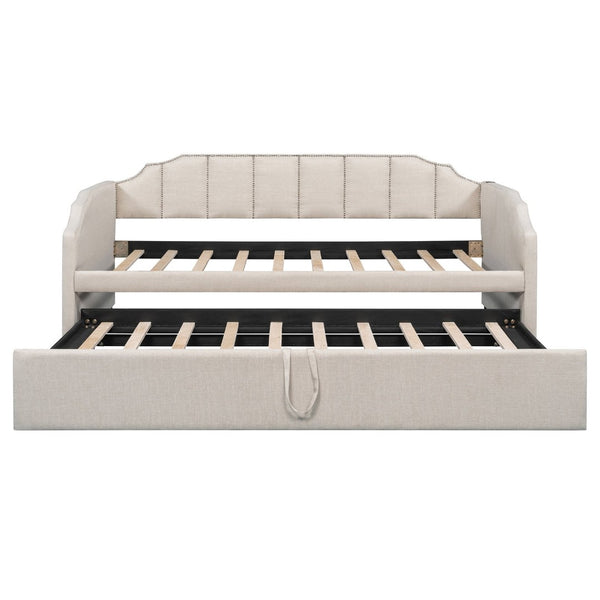 English Elm Twin Linen Upholstered Daybed with Pop up Trundle and Built in Usb Charging Beige SF000199AAA