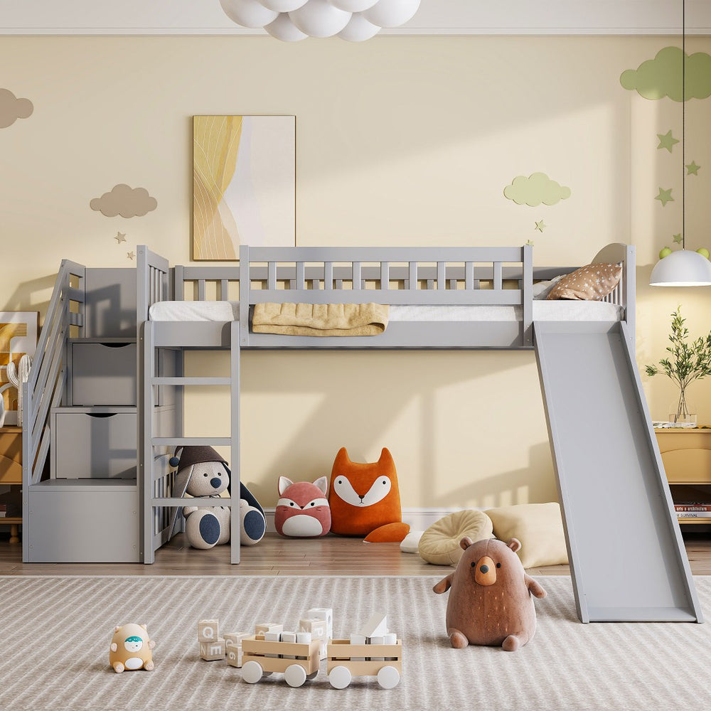 English Elm Stairway Twin Loft Bed with Storage Staircase Slide and Guardrails for Kids Gray LT000515AAE-1