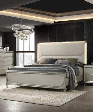 English Elm Glamorous Luxury Fabric Upholstered Queen Bed with LED Headboard, Embossed Panels & 2 Nightstands Set Silver 33 L x 21 W x 28 H B2741S00359