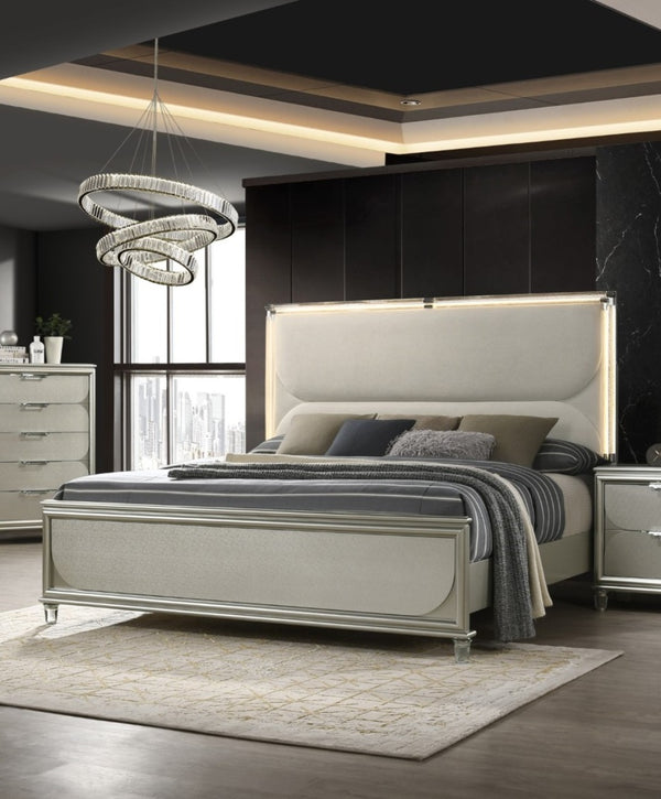 English Elm Glamorous Luxury Fabric Upholstered Queen Bed with LED Headboard, Embossed Panels & 2 Nightstands Set Silver 33 L x 21 W x 28 H B2741S00359