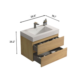 English Elm U041-Alice30-106 Alice 30" Natural Oak Wall-Mounted Vanity with Integrated Solid Surface Sink, Soft-Close Drawers W1865S00041
