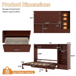 English Elm Queen Murphy Wall Bed with Folding Platform Side Cabinet Drawer and Adjustable Shelves Walnut N733S407545D