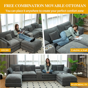 English Elm U Shaped Sectional Cloud Couch for Living Room 144" Plush Modular Sofa with Ottoman Storage Console Cupholders Grey W3276S00012