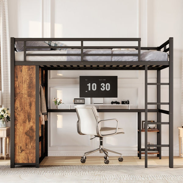 English Elm Queen Size Loft Bed Frame With Integrated Wardrobe, Desk & Storage Shelves For Space-Saving Style W1580S00178-GIGA