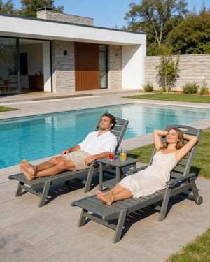 English Elm Pool Chaise Lounge Set Two Chairs Hdpe Outdoor Reclining Patio Sunbathing Furniture Grey W1859S00214