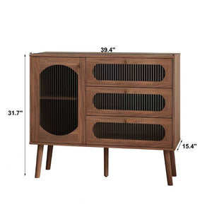 English Elm Accent Cabinet Natural Wood Carved Detail Three Drawers Sideboard for Entryway or Living Room W409P375885