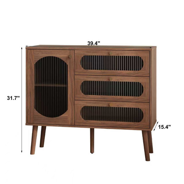 English Elm Accent Cabinet Natural Wood Carved Detail Three Drawers Sideboard for Entryway or Living Room W409P375885