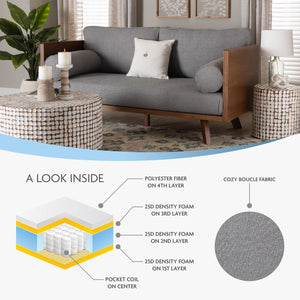 Baxton Studio Baxton Studio Uriel Mid-Century Modern Boucle Sofa with Supportive Seating for Stylish Living Spaces Grey Uriel-3S-Grey/Walnut-SF