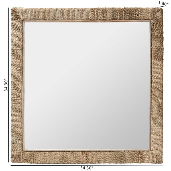 Baxton Studio bali Japandi Natural Seagrass Wall Mirror - Handcrafted Mahogany Frame for Stylish Home Décor Square WS096-Natural Rattan-Mirror