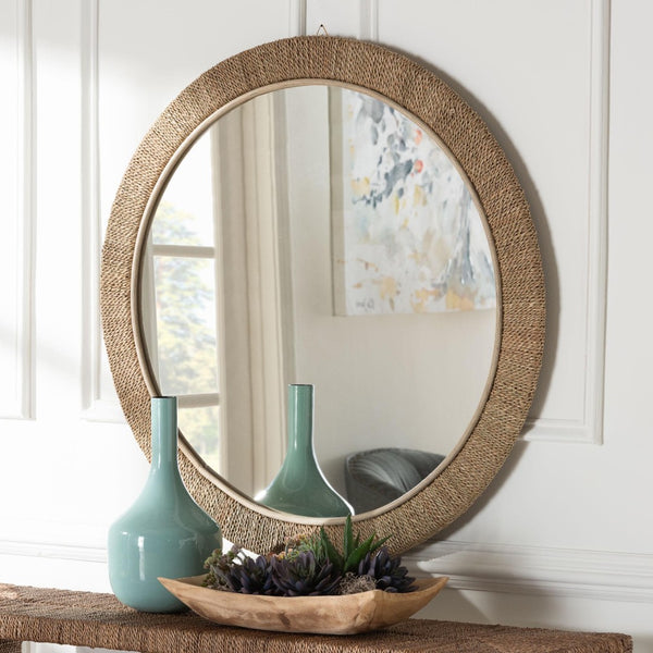 Baxton Studio bali Japandi Natural Seagrass Wall Mirror - Handcrafted Mahogany Frame for Stylish Home Décor Round WS097-Natural Rattan-Mirror