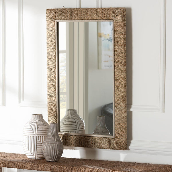 Baxton Studio bali Japandi Natural Seagrass Wall Mirror - Handcrafted Mahogany Frame for Stylish Home Décor Rectangular WS098-Natural Rattan-Mirror
