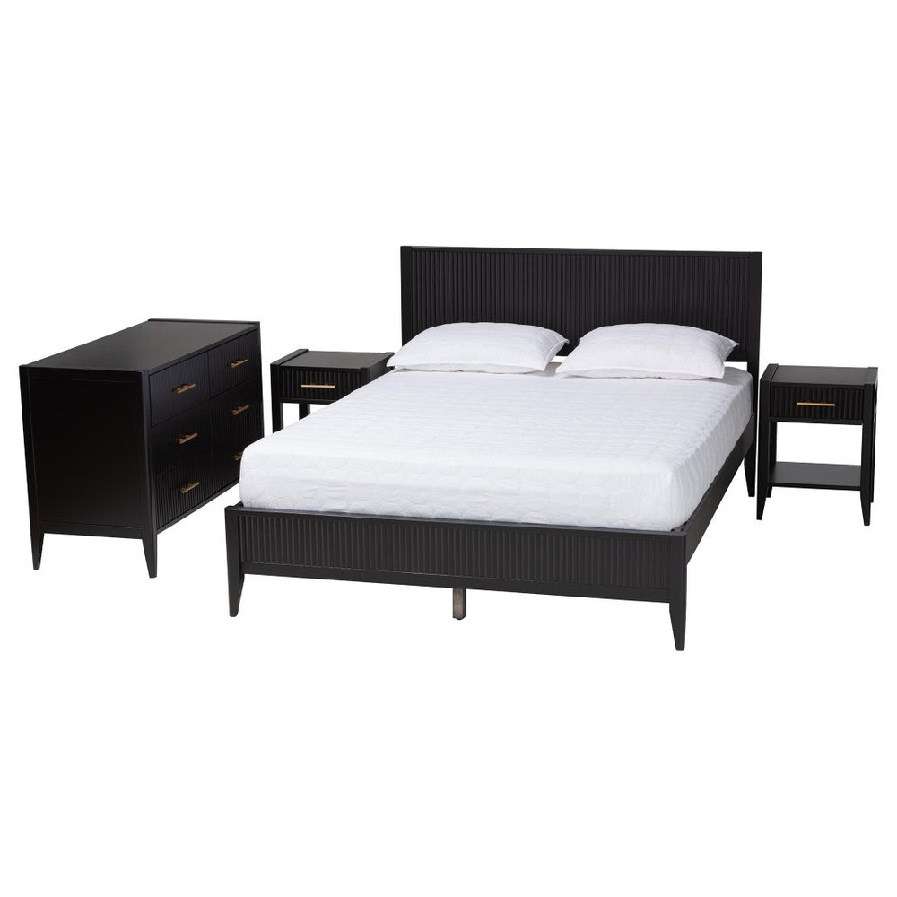 Baxton Studio Baxton Studio Primrose Mid-Century 4-Piece Bedroom Set with Fluted Wood Bed, Dresser & Nightstands Black Queen SW8596-Black-4PC Queen Bedroom Set