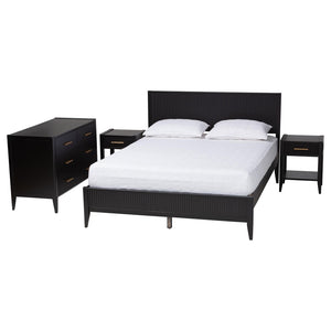 Baxton Studio Baxton Studio Primrose Mid-Century 4-Piece Bedroom Set with Fluted Wood Bed, Dresser & Nightstands Black Queen SW8596-Black-4PC Queen Bedroom Set
