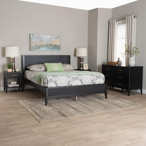 Baxton Studio Baxton Studio Primrose Mid-Century 4-Piece Bedroom Set with Fluted Wood Bed, Dresser & Nightstands Black Queen SW8596-Black-4PC Queen Bedroom Set