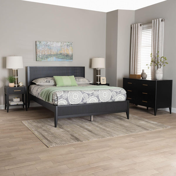 Baxton Studio Baxton Studio Primrose Mid-Century 4-Piece Bedroom Set with Fluted Wood Bed, Dresser & Nightstands Black Queen SW8596-Black-4PC Queen Bedroom Set