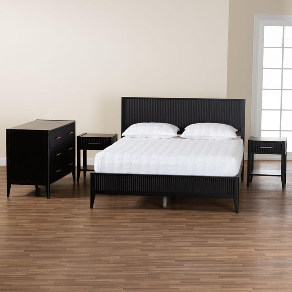 Baxton Studio Baxton Studio Primrose Mid-Century 4-Piece Bedroom Set with Fluted Wood Bed, Dresser & Nightstands Black Queen SW8596-Black-4PC Queen Bedroom Set