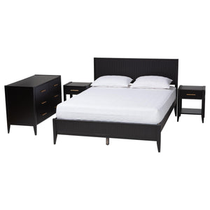 Baxton Studio Primrose Mid-Century Black Fluted Wood King Size 4-Piece Bedroom Set