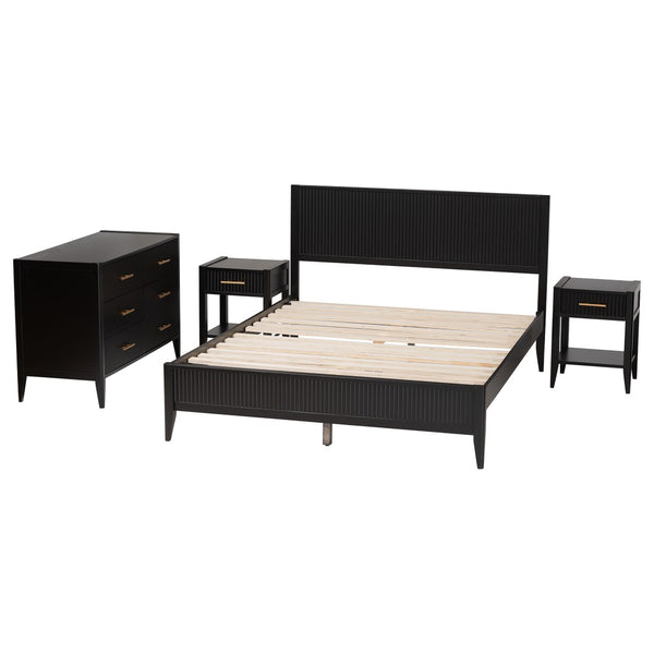 Baxton Studio Baxton Studio Primrose Mid-Century 4-Piece Bedroom Set with Fluted Wood Bed, Dresser & Nightstands Black Queen SW8596-Black-4PC Queen Bedroom Set