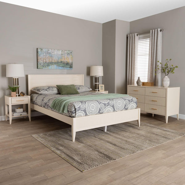 Baxton Studio Baxton Studio Primrose Mid-Century 4-Piece Bedroom Set with Fluted Wood Bed, Dresser & Nightstands Ivory Queen SW8596-Ivory-4PC Queen Bedroom Set