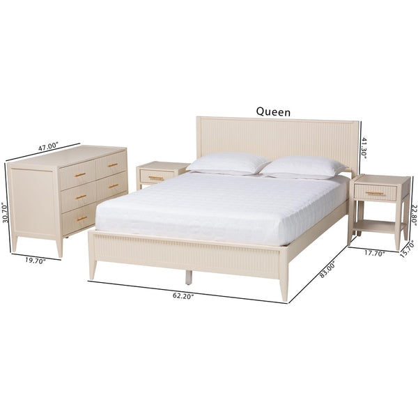 Baxton Studio Baxton Studio Primrose Mid-Century 4-Piece Bedroom Set with Fluted Wood Bed, Dresser & Nightstands Ivory Queen SW8596-Ivory-4PC Queen Bedroom Set