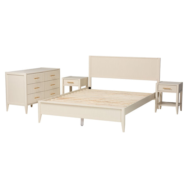 Baxton Studio Baxton Studio Primrose Mid-Century 4-Piece Bedroom Set with Fluted Wood Bed, Dresser & Nightstands Ivory Queen SW8596-Ivory-4PC Queen Bedroom Set