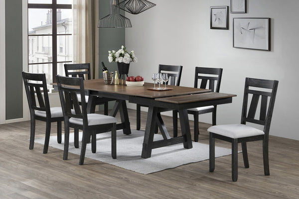 English Elm 7pc Solid Wood Extendable Trestle Dining Set Wheat Charcoal Upholstered Chairs Cottage B011S01669