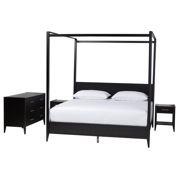 Baxton Studio Baxton Studio Primrose Mid-Century Canopy Bedroom Set – Stylish Storage & Elegant Design Ensemble Black SW8609-Black-4PC Canopy King Bedroom Set