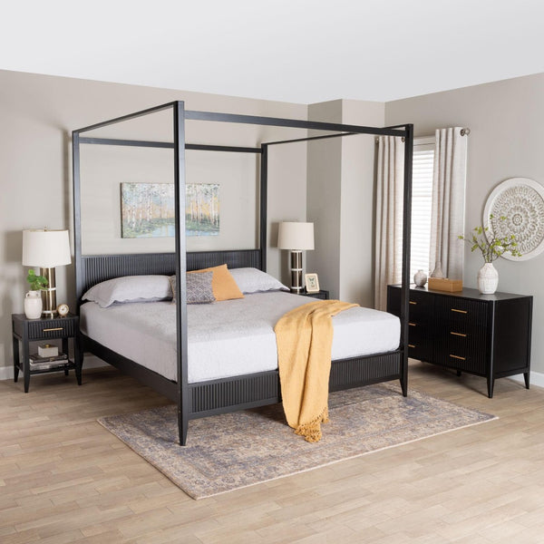 Baxton Studio Baxton Studio Primrose Mid-Century Canopy Bedroom Set – Stylish Storage & Elegant Design Ensemble Black SW8609-Black-4PC Canopy King Bedroom Set