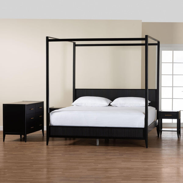 Baxton Studio Baxton Studio Primrose Mid-Century Canopy Bedroom Set – Stylish Storage & Elegant Design Ensemble Black SW8609-Black-4PC Canopy King Bedroom Set