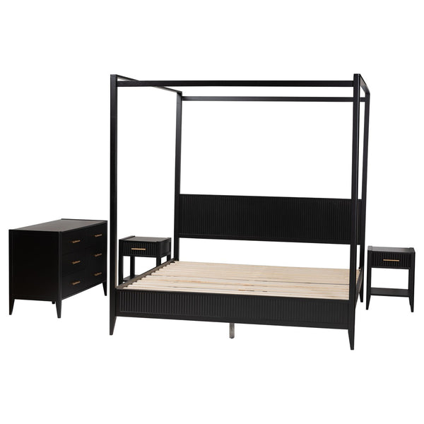 Baxton Studio Baxton Studio Primrose Mid-Century Canopy Bedroom Set – Stylish Storage & Elegant Design Ensemble Black SW8609-Black-4PC Canopy King Bedroom Set